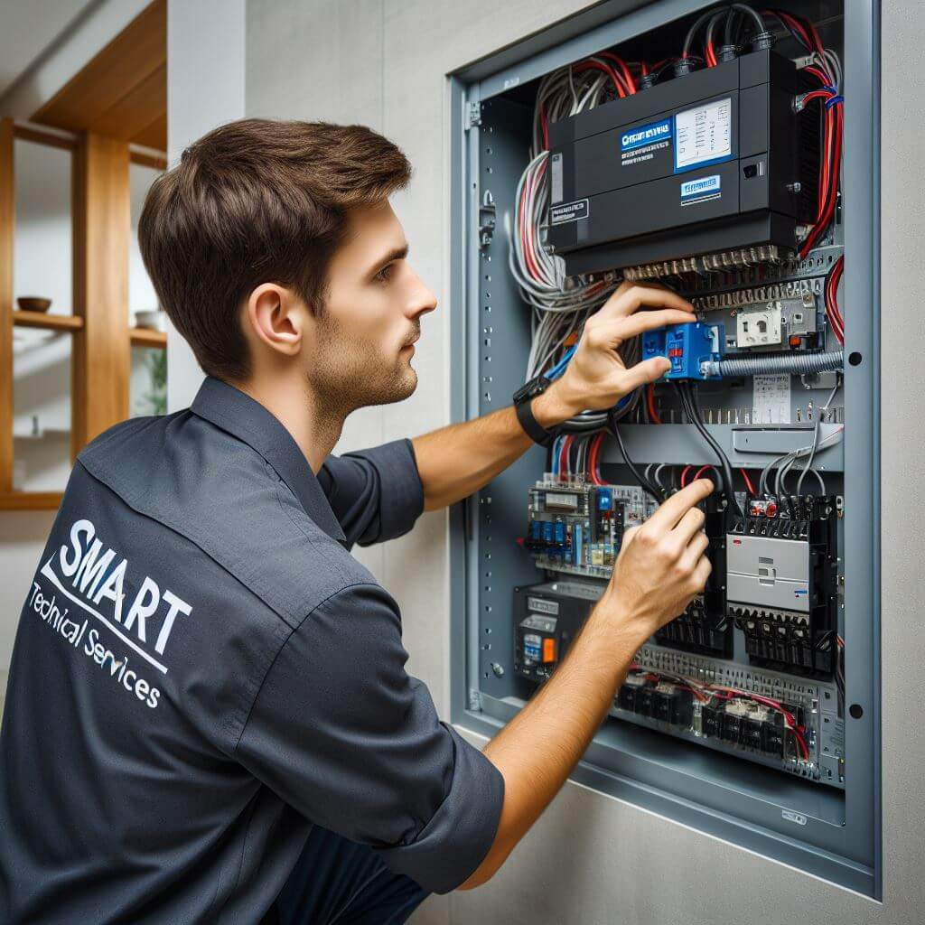 Technician performing transfer switch installation in jeddah, ensuring reliable backup power for continuous operation.
