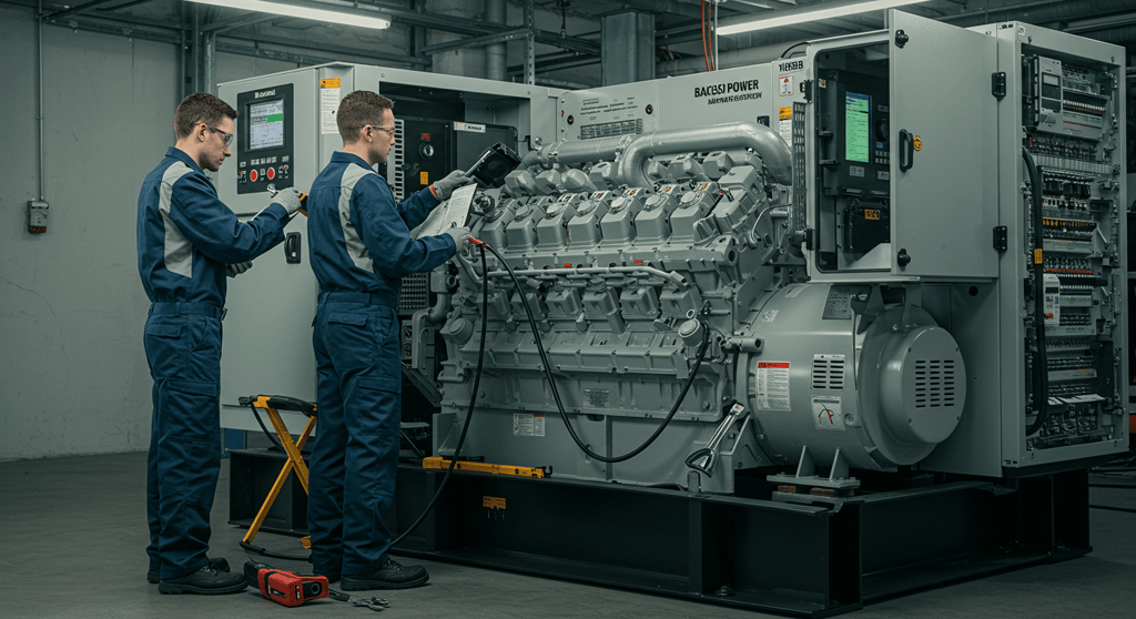 Technician performing maintenance on a commercial diesel generator, ensuring reliable backup power for businesses.