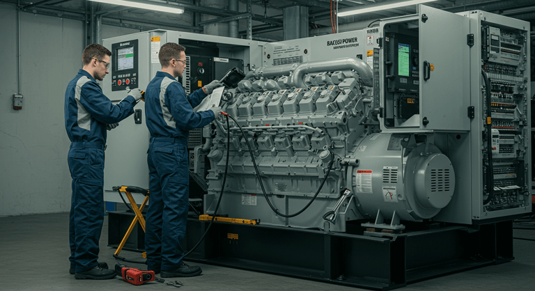 Technician performing maintenance on a commercial diesel generator, ensuring reliable backup power for businesses.
