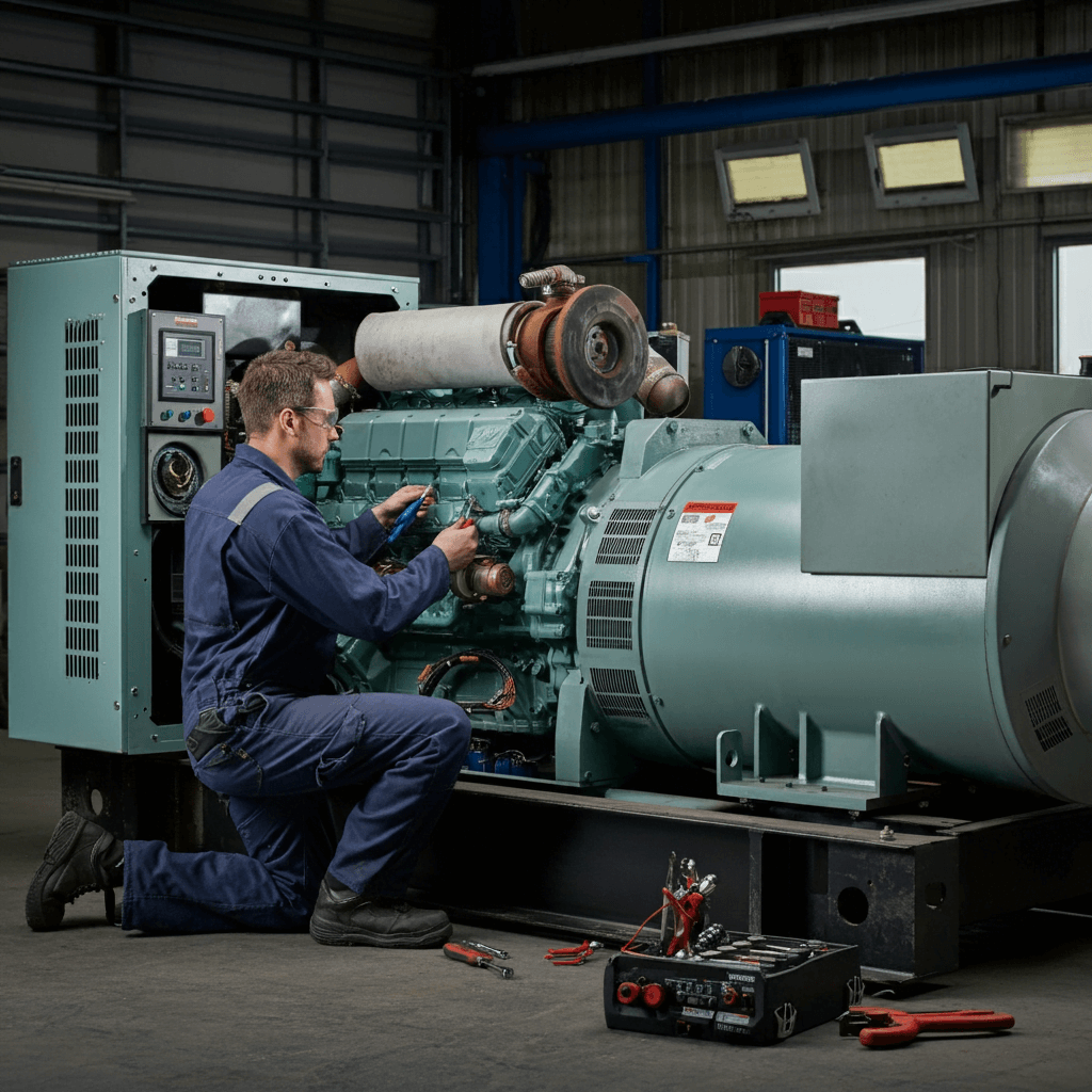 Technician repairing a generator with tools, provided by one of the leading generator repair companies, Smart Technical Services.
