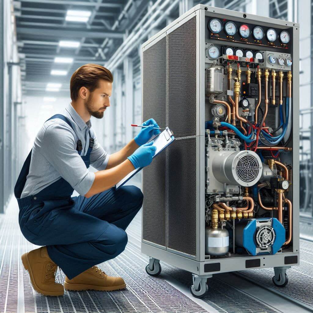 A skilled HVAC technician from Smart Technical Services inspects a chiller unit, surrounded by HVAC equipment and tools in a well-lit environment. The technician, in professional attire, demonstrates expertise and attention to detail, ensuring optimal performance of the chiller system.
