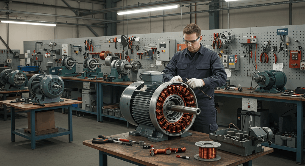 لف المحركات الكهربائية أثناء عملية اللف والصيانة من قبل فني متخصص في الخدمات التقنية الذكية.