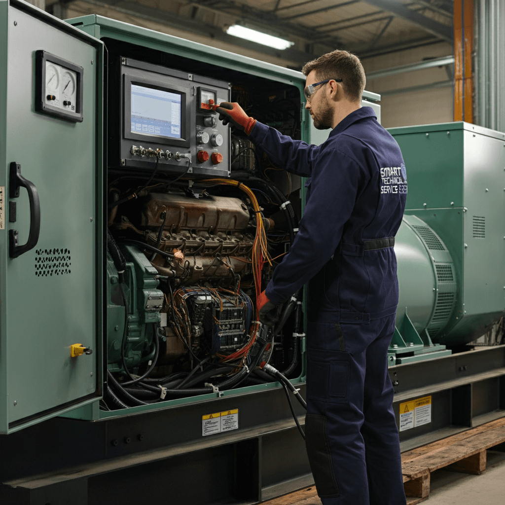 Smart Technical Services generator engineer troubleshooting a large industrial generator, providing repair, maintenance, and installation services.