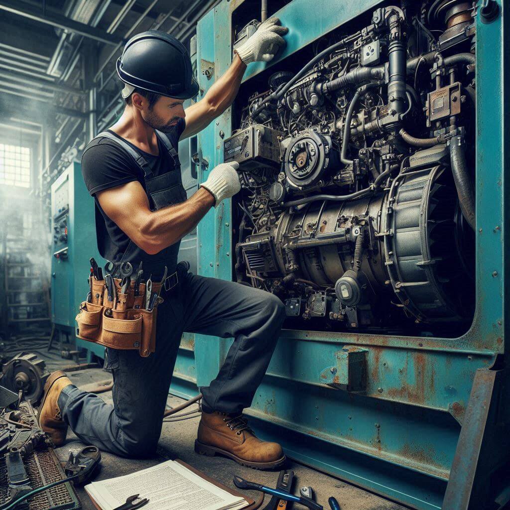 Skilled technician inspecting a generator's components with precision, ensuring optimal performance.
