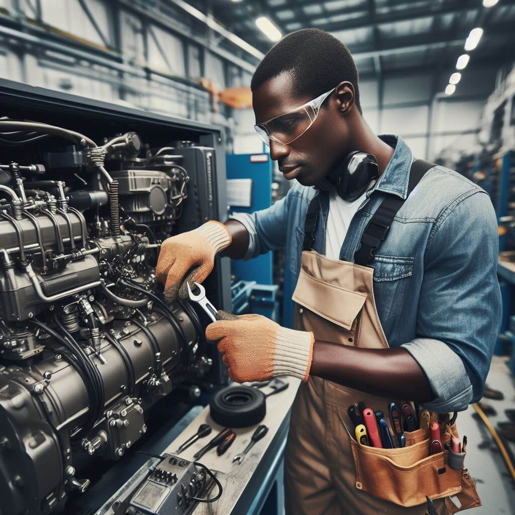 Diesel generator mechanic near me repairing a large industrial generator, wearing safety gear and using professional tools in a well-lit workshop in jeddah.