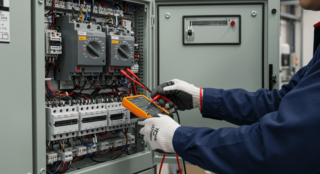 Technician performing ATS maintenance by inspecting and testing an Automatic Transfer Switch panel.