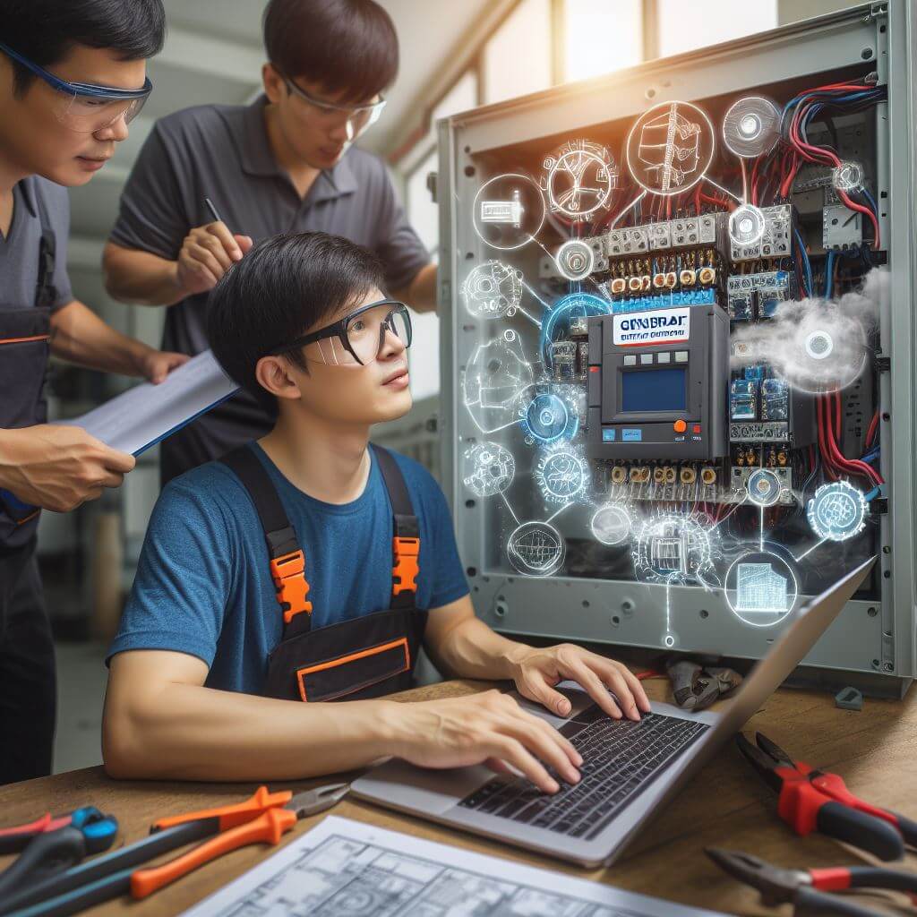 An image illustrating the specialized realm of industrial electrical services, featuring skilled technicians working amidst complex machinery and intricate electrical systems. This visual encapsulates the expertise, precision, and safety protocols integral to the provision of industrial electrical services, ensuring the seamless operation of industrial facilities in jeddah