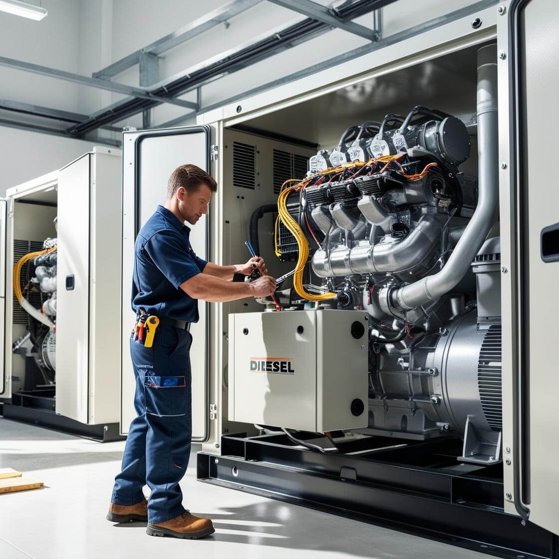 A professional generator technician repairing an industrial generator in a well-equipped workshop, wearing safety gear and branded overalls.