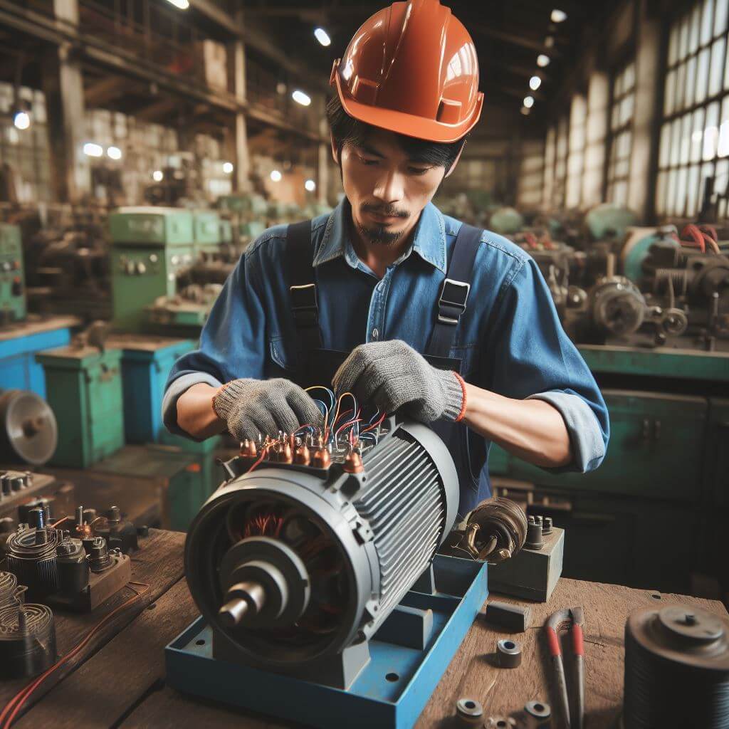 High-quality motor rewinder service in action: Our expert technician meticulously rewinding an electric motor to ensure optimal performance and longevity.