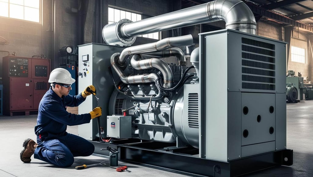 Professional technician repairing a commercial diesel genset in an industrial environment.