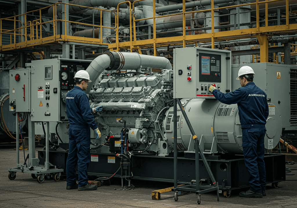 Technician performing generator yearly maintenance by inspecting engine components.