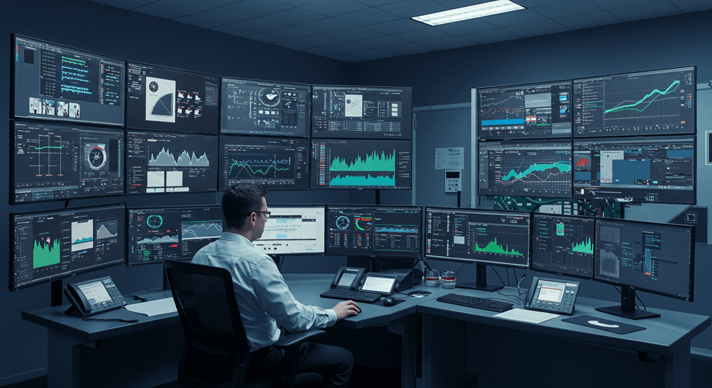 Technician monitoring building management system controls on digital screens inside a smart building.

