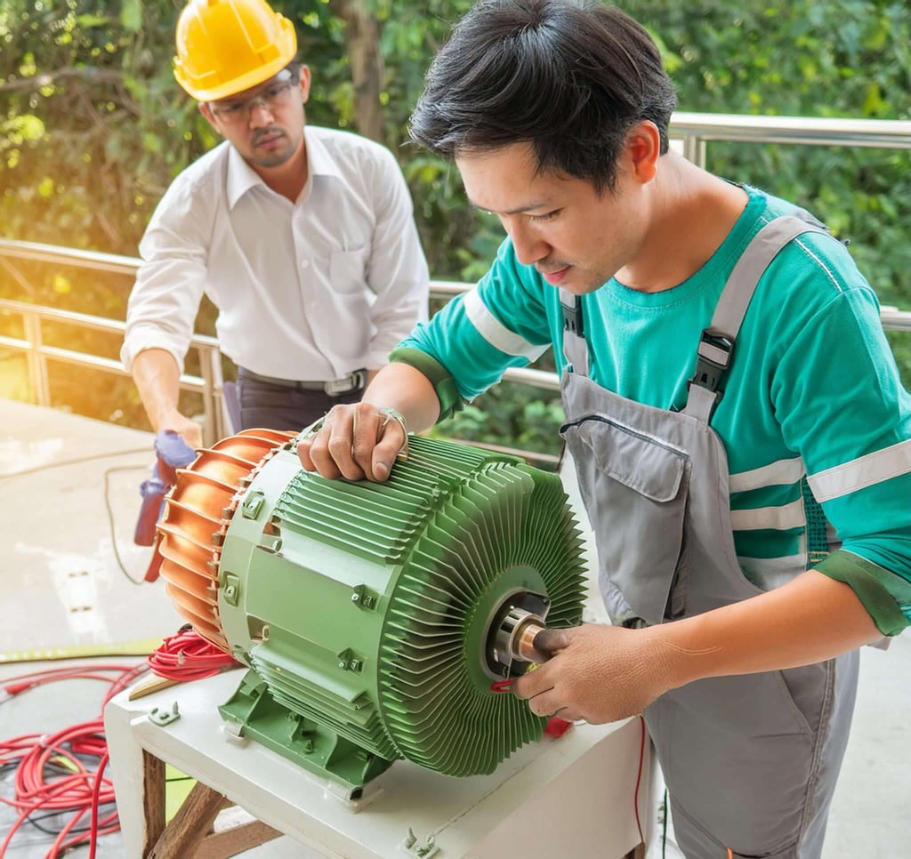 Image depicting a technician performing generator rewinding services in Jeddah, Saudi Arabia, with the text overlay 'Generator Rewinding Near Me'.