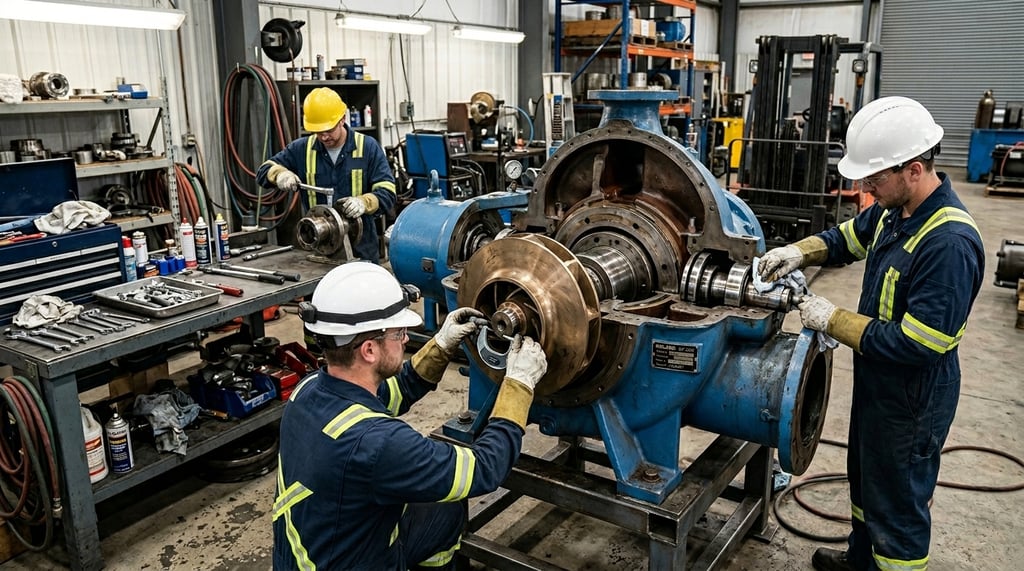 Technicians overhauling a centrifugal pump in an industrial workshop