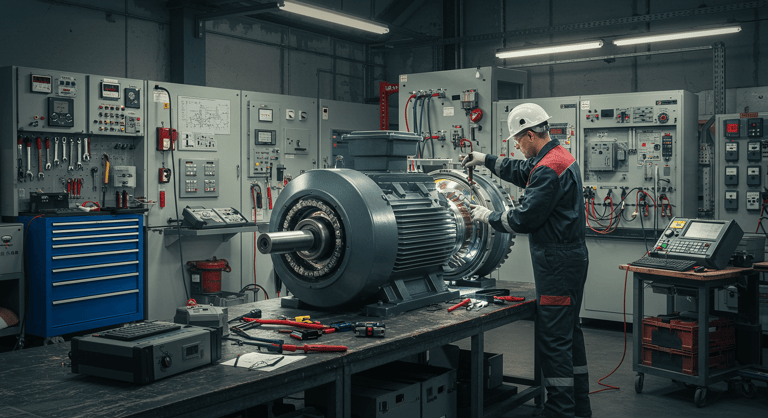 A skilled technician performing motor refurbishment, rewinding copper coils inside an industrial motor to restore efficiency and performance.