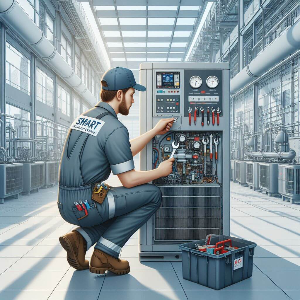 An expert chiller plant technician diligently inspects and maintains cooling equipment, ensuring optimal performance and efficiency. With precision tools and specialized knowledge, they keep industrial facilities running smoothly, minimizing downtime and maximizing productivity. Trust in their expertise to safeguard your cooling systems and maintain uninterrupted operations.