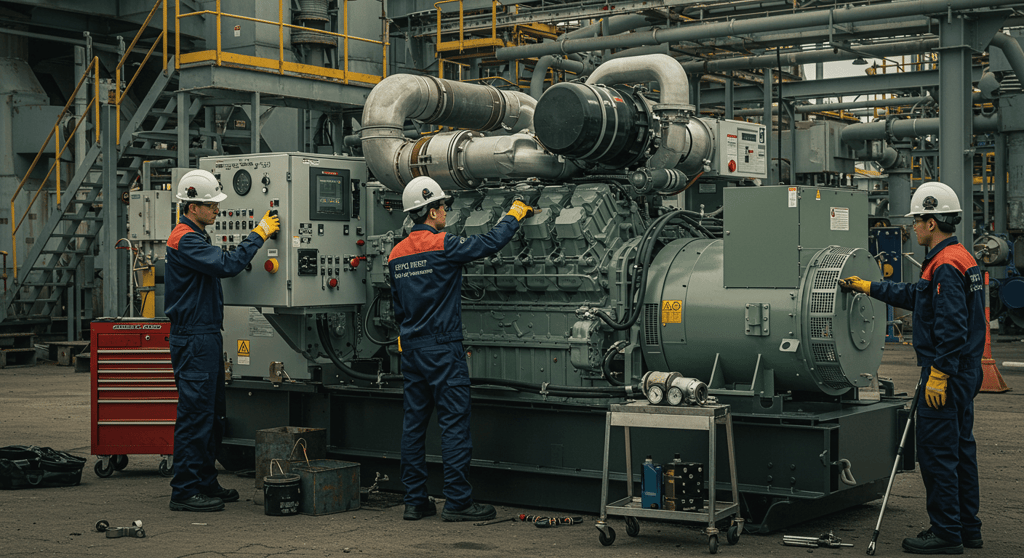 Technician repairing a diesel generator in an industrial environment, ensuring optimal performance.