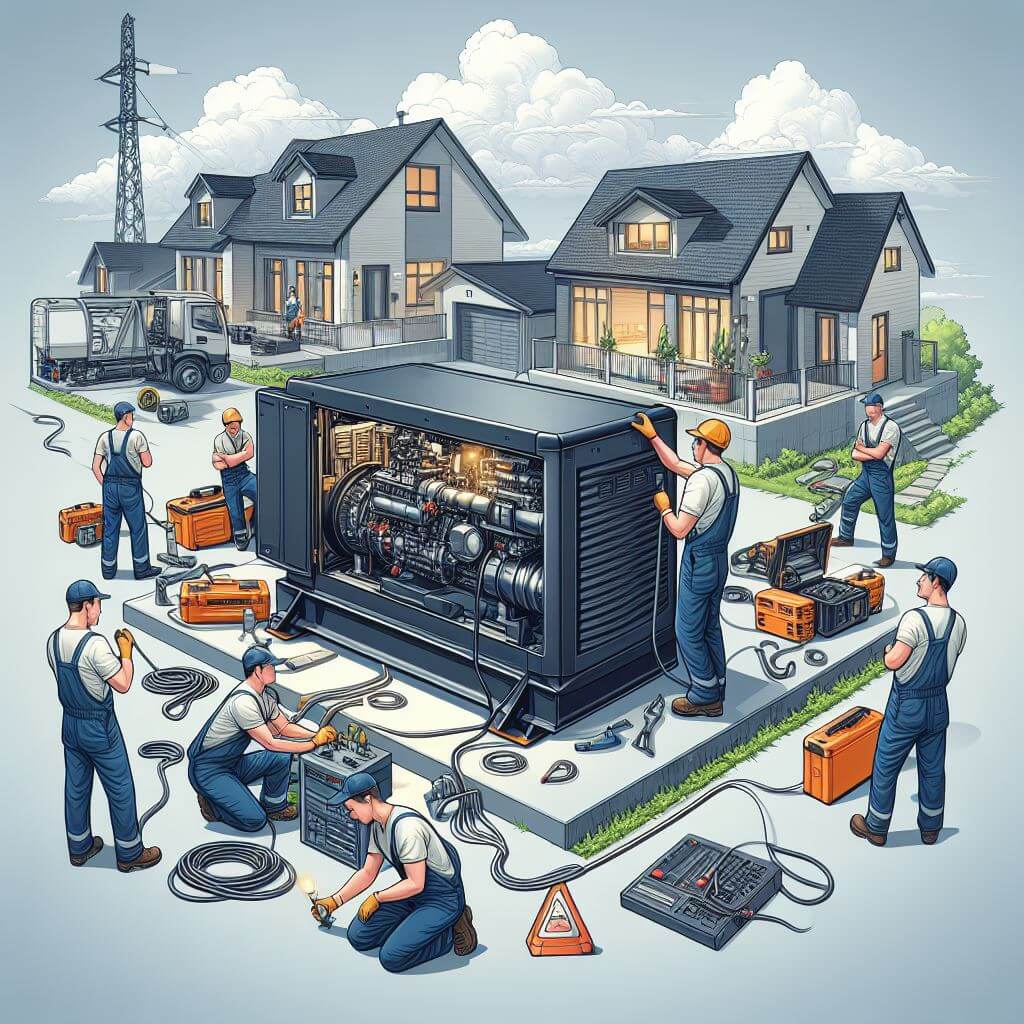 **Alternative Text:** A professional technician from Smart Technical Services installs a generator at a commercial property in Jeddah. The technician, equipped with tools and wearing a company uniform, ensures the generator is securely connected and operational. The background shows a clean, well-organized installation site, emphasizing safety and expertise in generator installation services.