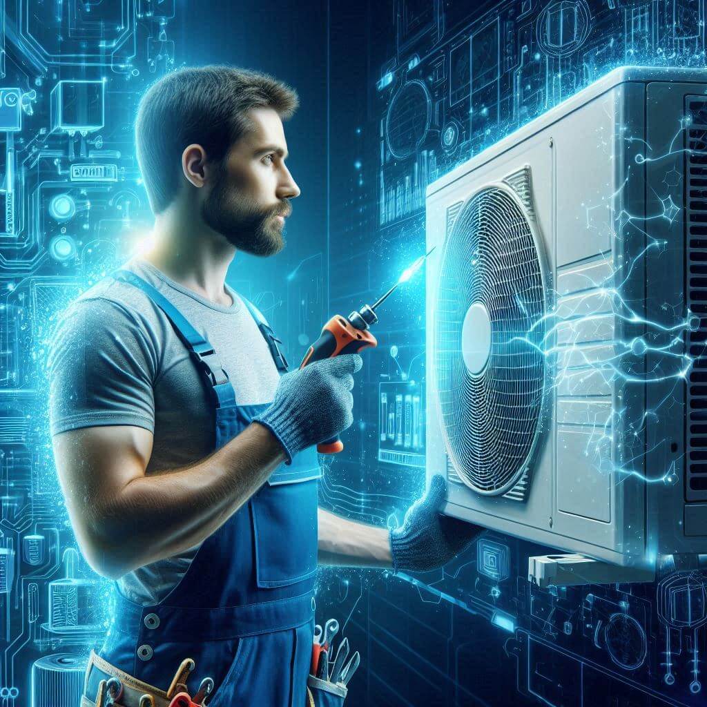 An image illustrating proficient AC technicians diligently servicing cooling systems with precision and expertise, guaranteeing reliable performance and comfort for customers.