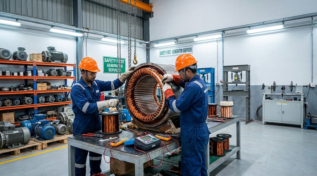 Offshore generator rewinding in workshop with technicians repairing industrial alternator coils