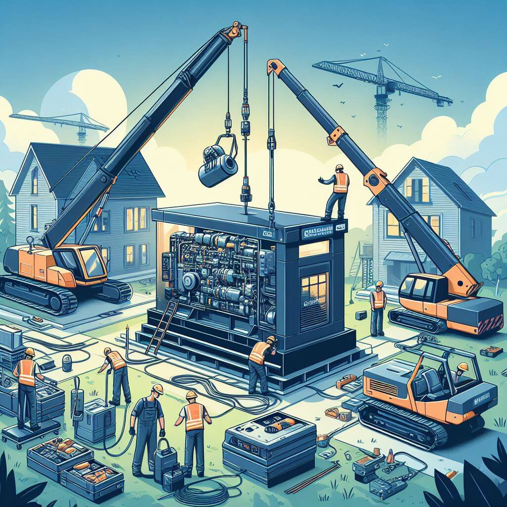 An illustration showing technicians from Smart Technical Services installing a diesel generator. The technicians are depicted wearing safety gear and using tools to set up the generator in either a residential or commercial setting. The image conveys professionalism, expertise, and attention to detail in the installation process, ensuring reliable backup power for the property.
