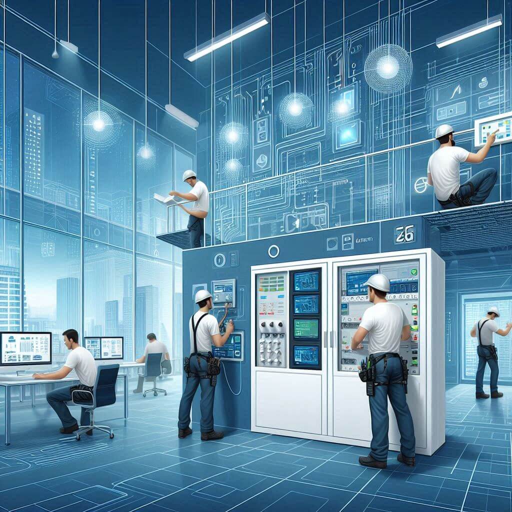 Technicians expertly install a Building Management System (BMS) in a sleek, modern office building. They work with advanced control panels, wiring, and digital interfaces, integrating smart HVAC systems, energy-efficient lighting, and security systems. The image highlights the professionalism, precision, and technological sophistication involved in BMS installation.
