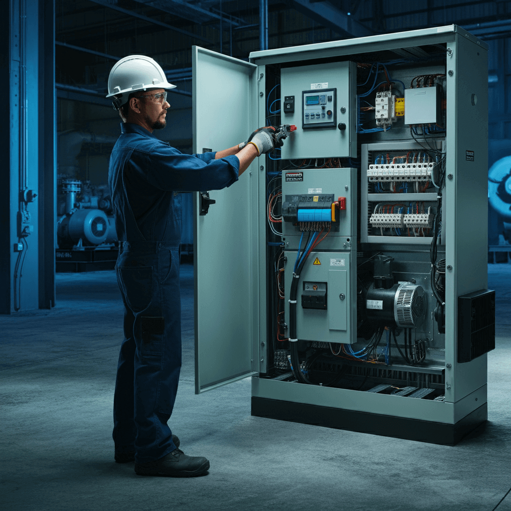 "Technician performing ATS installation in a commercial facility, ensuring reliable power transfer for uninterrupted operations – Smart Technical Services provides expert ATS installation services."