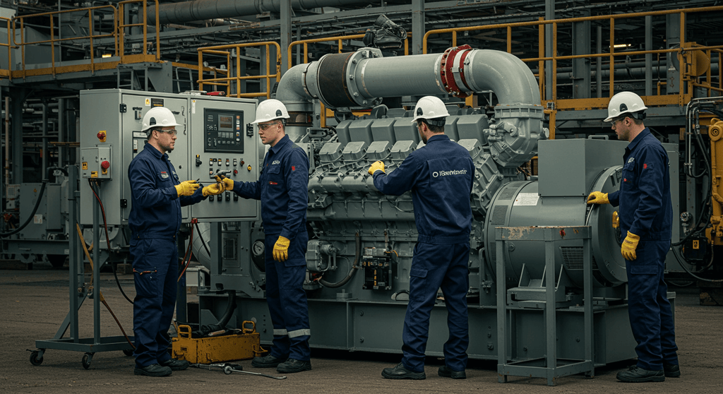 A technician performing preventive maintenance on a diesel generator under a professional generator AMC service.