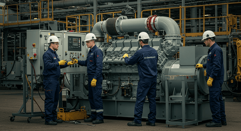 A technician performing preventive maintenance on a diesel generator under a professional generator AMC service.