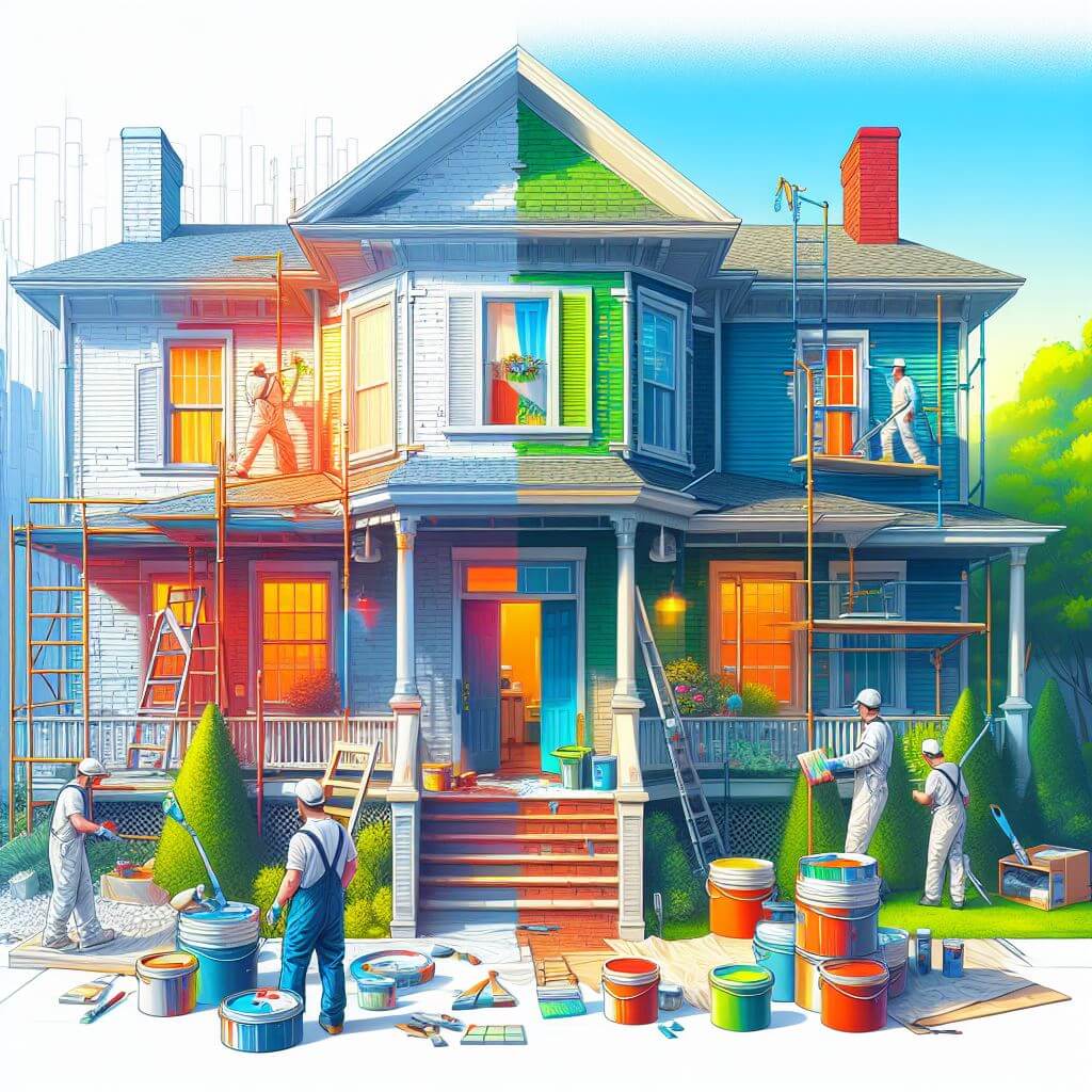 Professional house painting services in progress, featuring skilled painters applying fresh, vibrant colors to the exterior and interior of a home. The scene showcases high-quality tools, organized workspaces, and meticulous attention to detail, emphasizing the transformation and enhancement of the home's appearance.