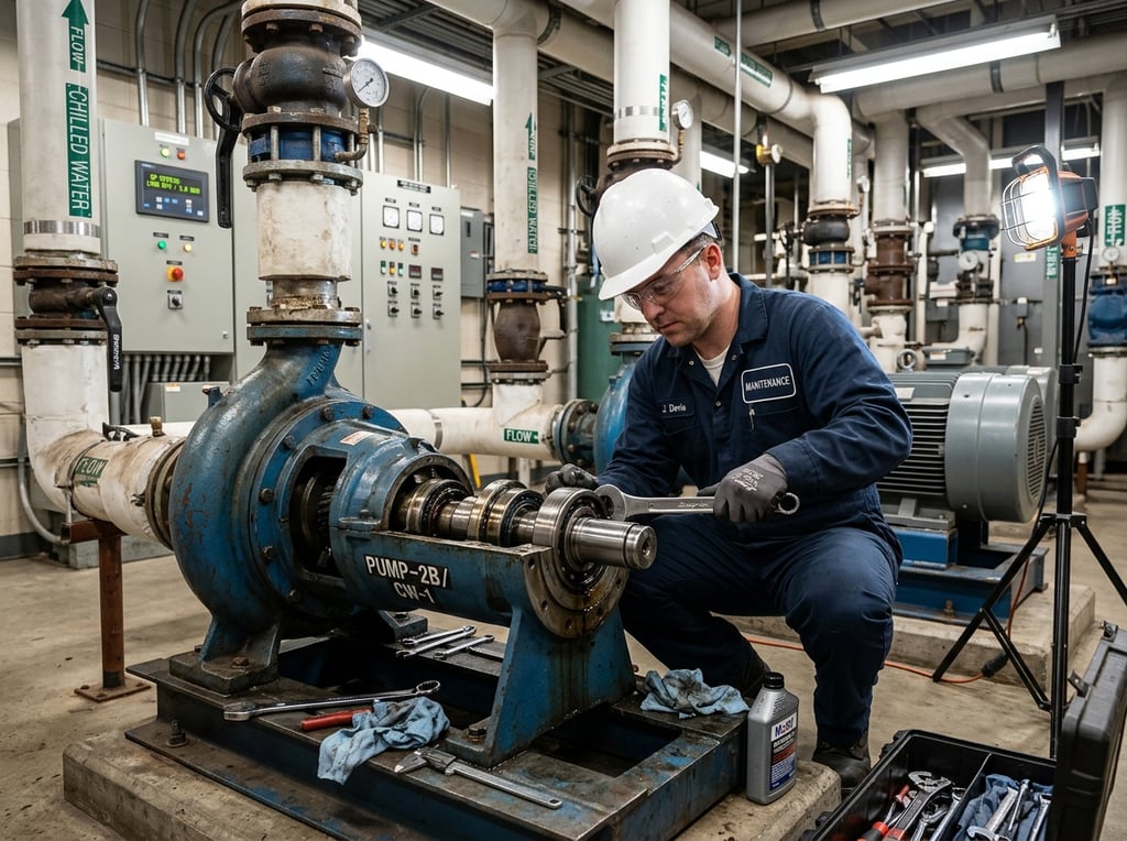 Technician conducting centrifugal pump maintenance, inspecting bearings and mechanical seal in an industrial plant