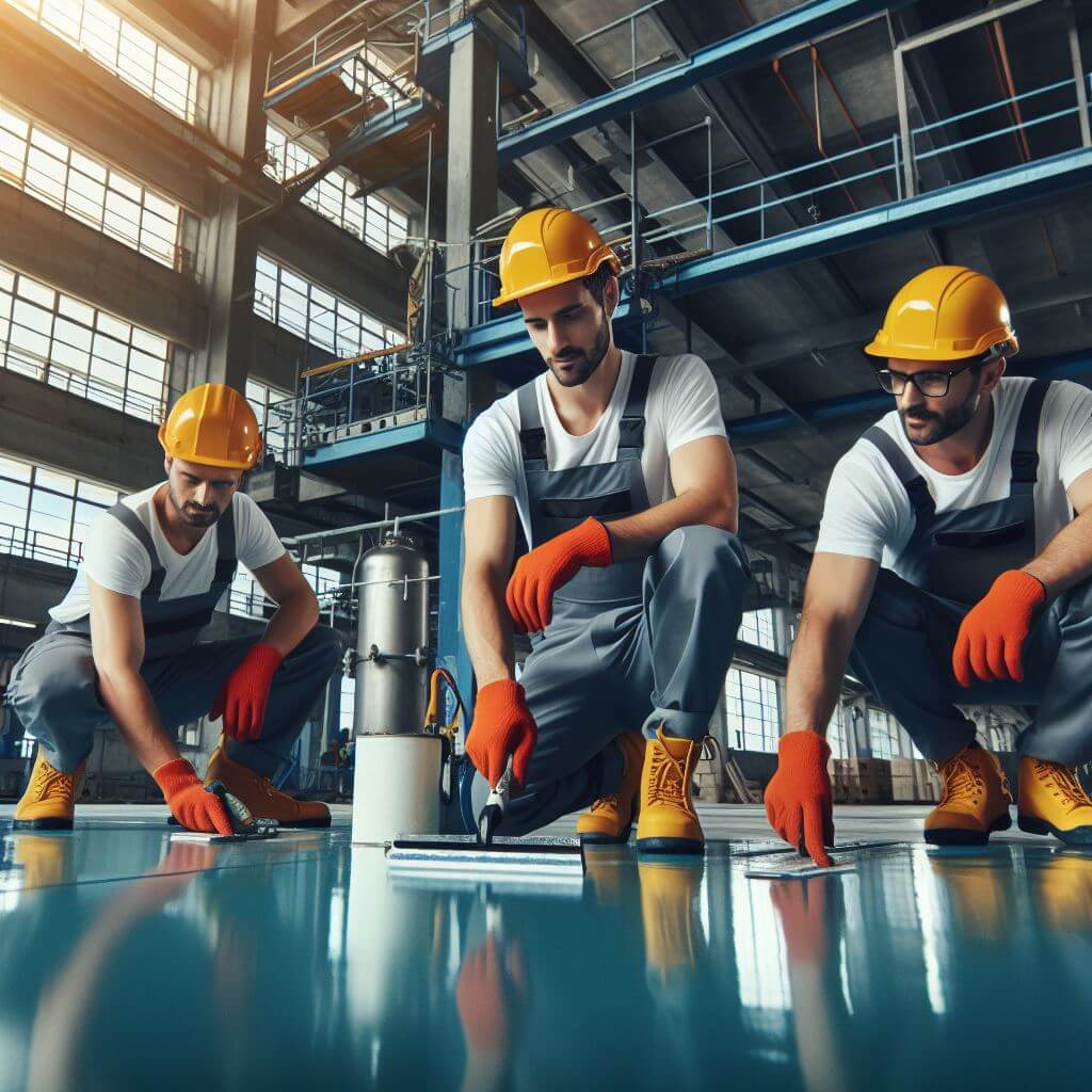 An image showcasing a spacious industrial facility with impeccably coated floors, reflecting a seamless, durable, and professional finish.