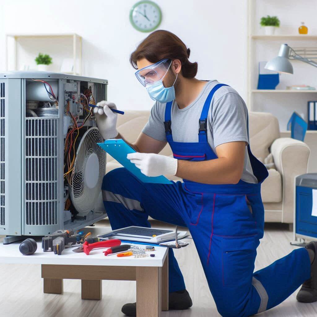 Technician from Smart Technical Services repairing an air conditioning unit. The technician is using specialized tools and equipment, demonstrating expertise and precision in fixing the AC system to ensure optimal performance.