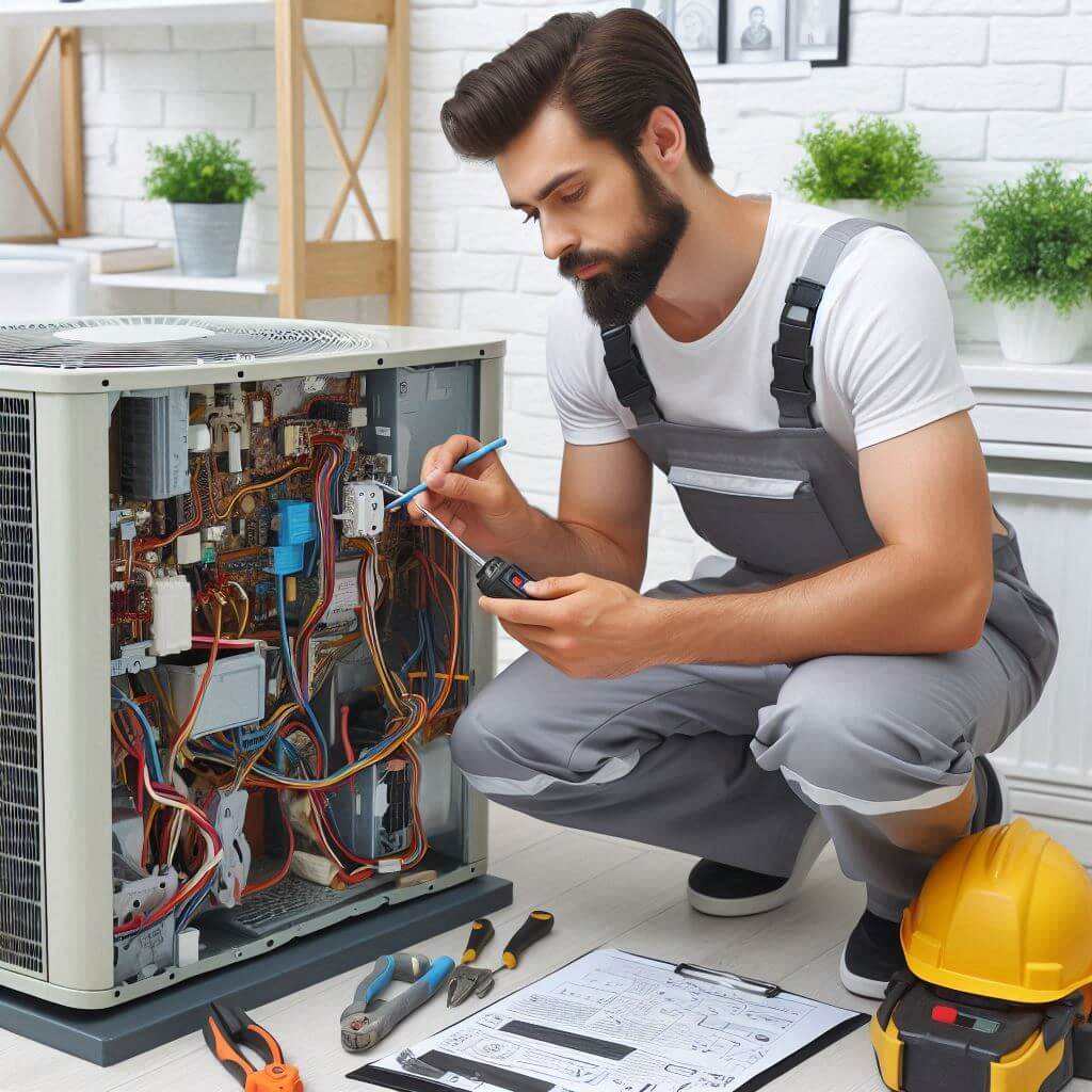 An image featuring a skilled technician wearing a Smart Technical Services uniform, diligently repairing an air conditioner unit. Tools such as wrenches and screwdrivers are visible nearby, indicating the expertise of the technician. In the background, a smiling customer enjoys the cool air flowing from their recently repaired air conditioner, symbolizing satisfaction and comfort.