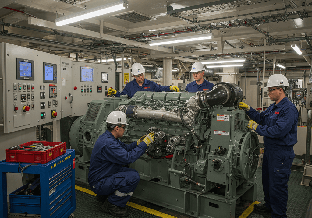 "Technician performing maintenance on a marine generator, ensuring reliability and efficiency under challenging maritime conditions.