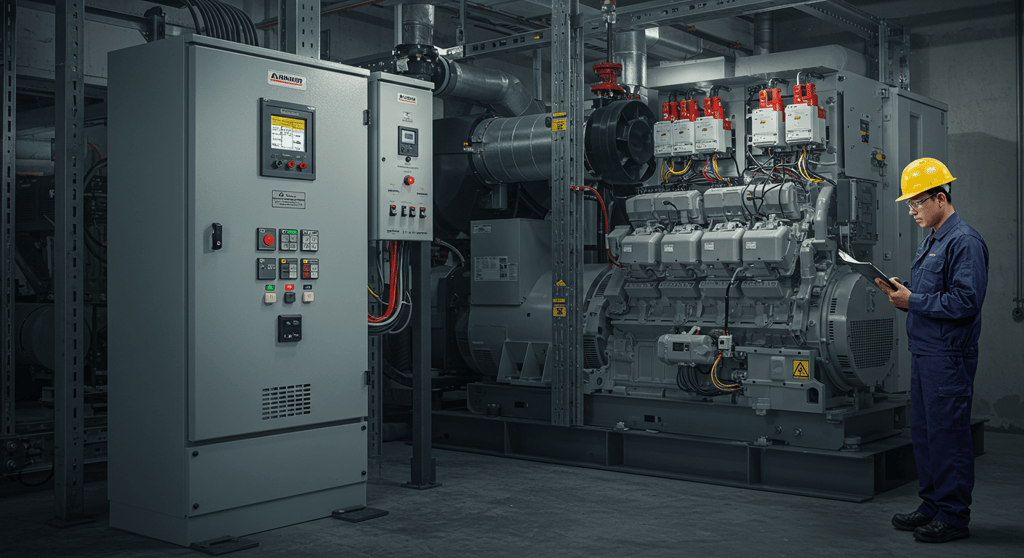 فني يقوم صيانه مولدات ديزل بجانب لوحة التحكم الأوتوماتيكية في موقع صناعي.