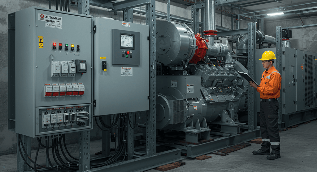 Automatic Transfer Switch (ATS) panel connected to a diesel generator with a technician performing maintenance in an industrial setting.