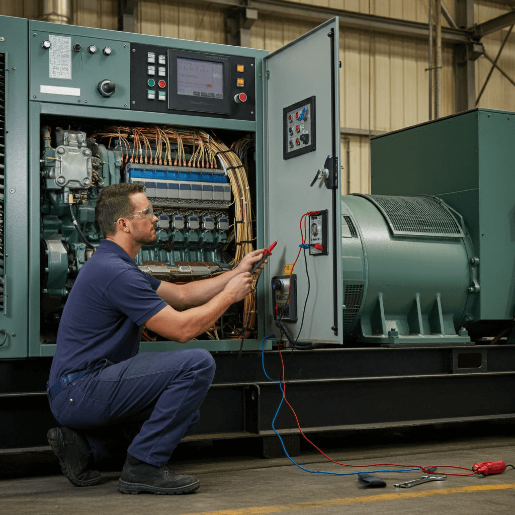 Generator electrician working on an industrial generator control panel, ensuring proper wiring and functionality for efficient power management.