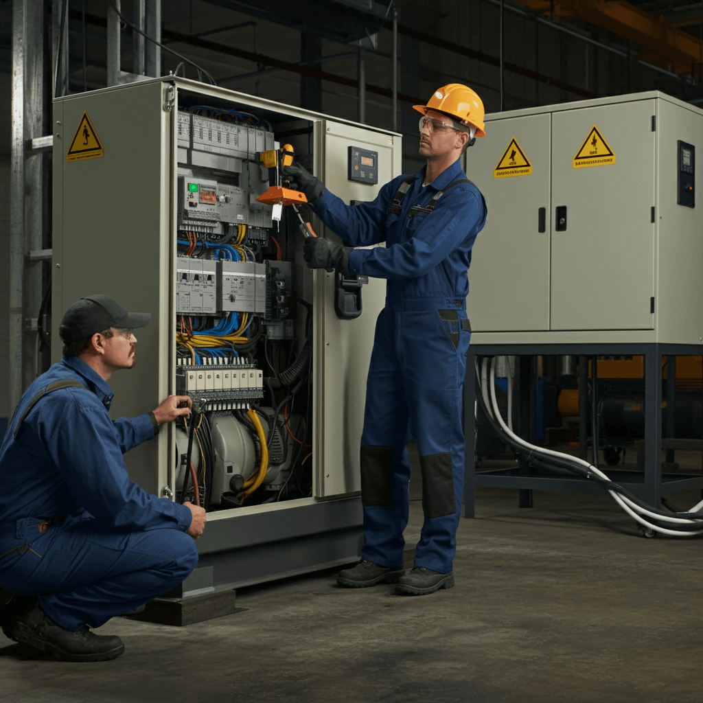 Technician performing expert emergency generator transfer switch repair, maintenance, and installation services in an industrial setting. The image highlights specialized tools and equipment, emphasizing precision, professionalism, and safety in handling electrical systems.