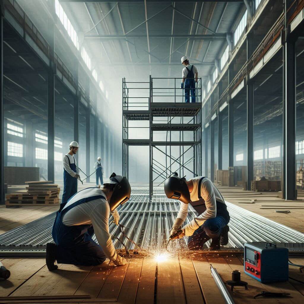 sleek and modern mezzanine flooring installation in Jeddah Saudi Arabia by Smart Technical Services, demonstrating the versatility and elegance of mezz flooring solutions.