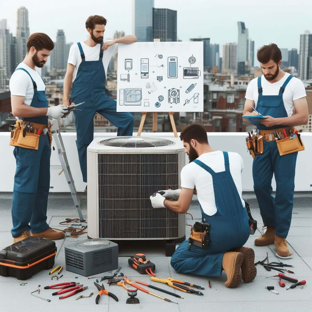 A technician repairing an air conditioner unit.
