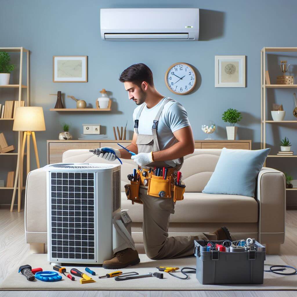 Expert technician from Smart Technical Services repairing an air conditioner, ensuring top-quality air cond repair near me for local residents in jeddah