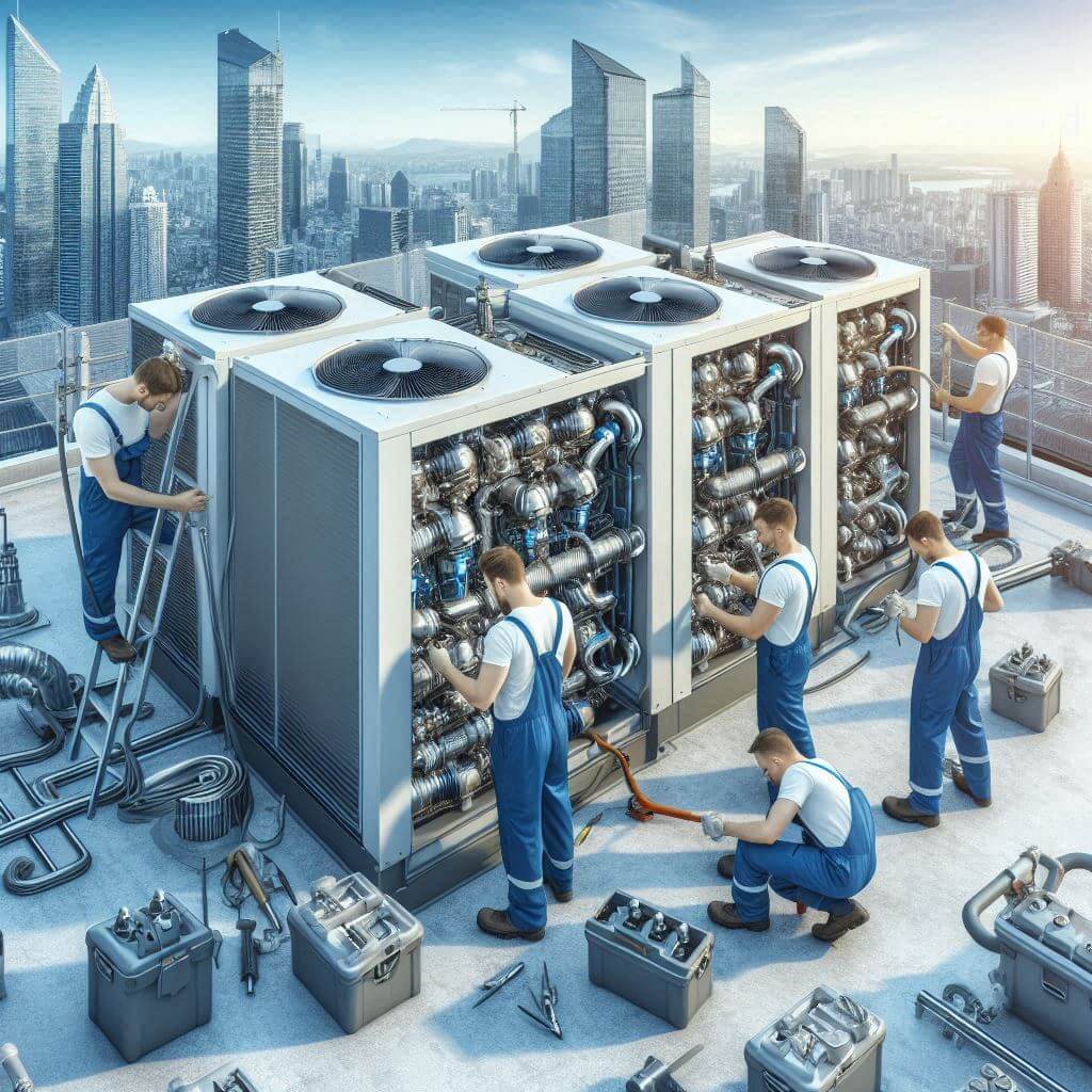 A team of technicians installing an adiabatic cooling system on the rooftop chillers. The technicians work meticulously, ensuring precise installation of the equipment. The adiabatic cooling system enhances efficiency and sustainability, contributing to energy savings and environmental preservation.