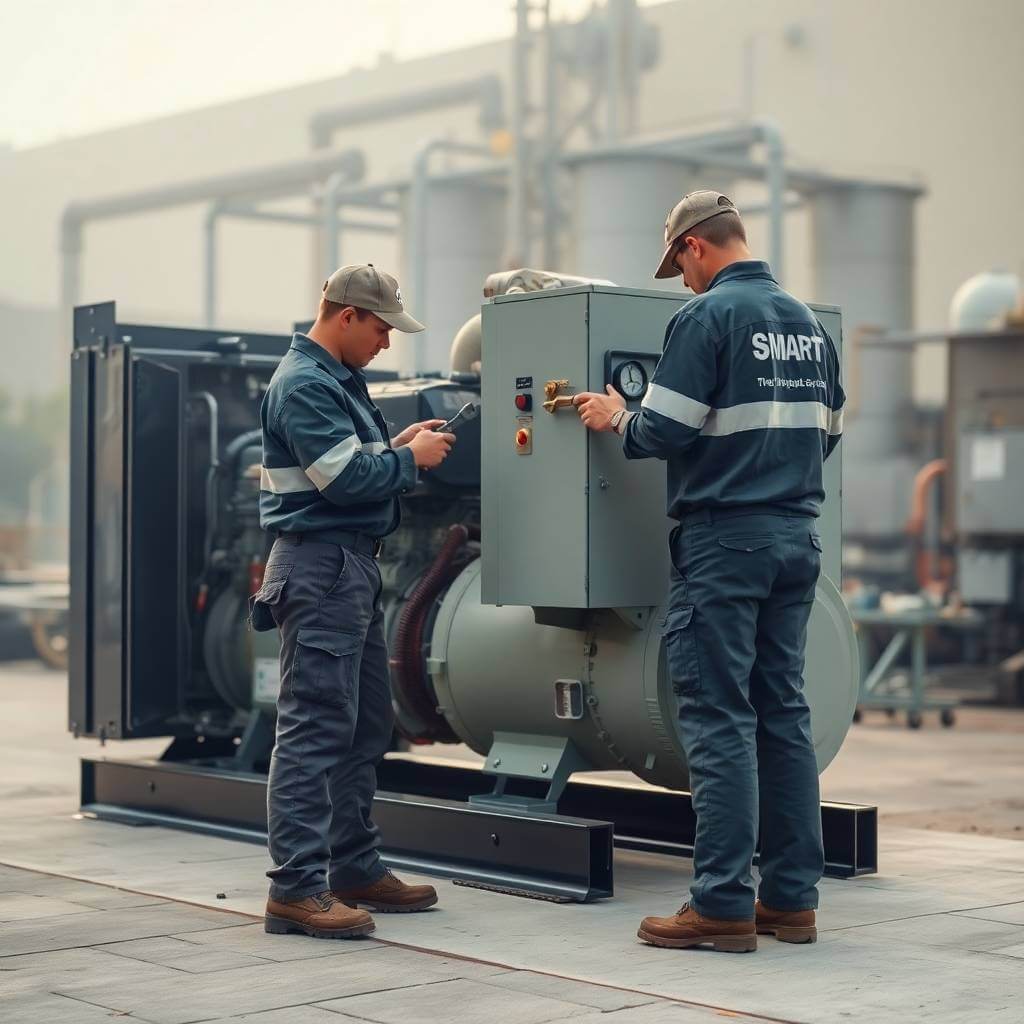 Professional technicians from Smart Technical Services installing a diesel generator set on a concrete pad at an industrial site, showcasing expertise in DG set installation services.