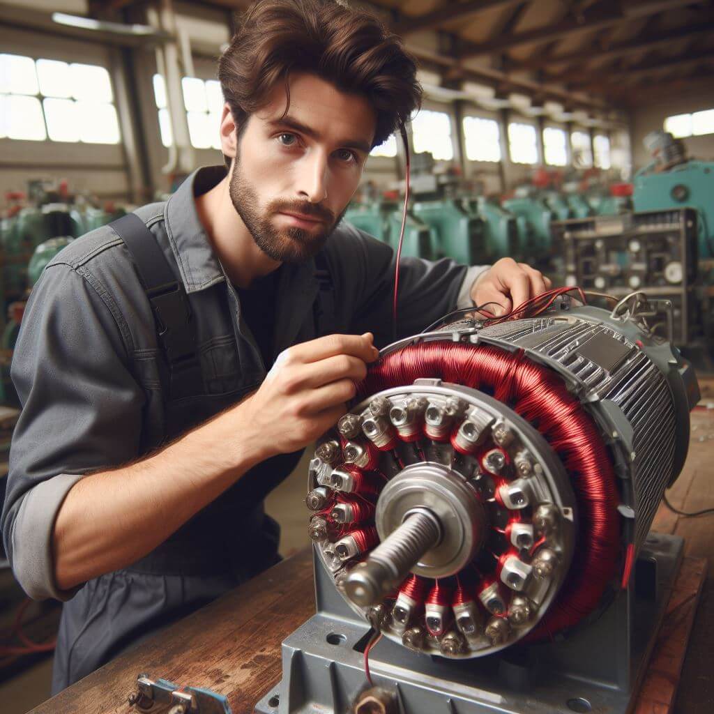 Image showing the rewinding process of a 200 HP motor, highlighting meticulous craftsmanship and precision. Skilled technicians are seen carefully winding copper coils around the motor's core, ensuring optimal performance and longevity. This image exemplifies the expertise and attention to detail provided by our motor winding services for high-powered motors.