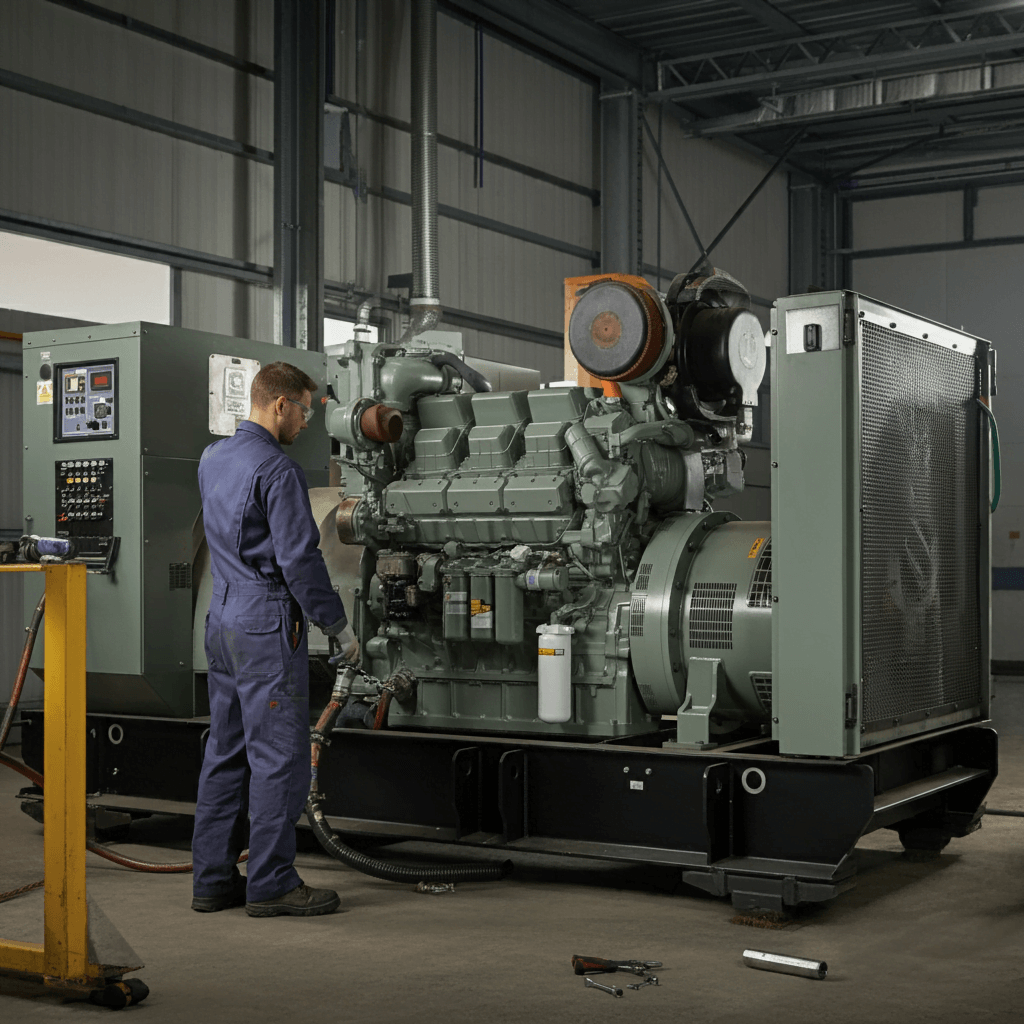 Professional generator technician inspecting and repairing a diesel generator to ensure optimal performance and uninterrupted power supply.