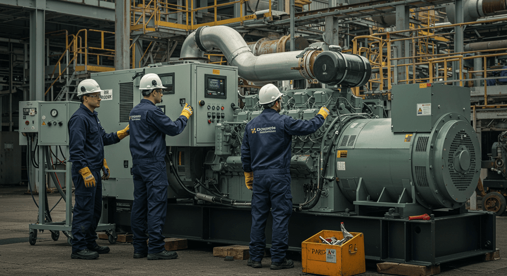 Technician performing repair work on a genset