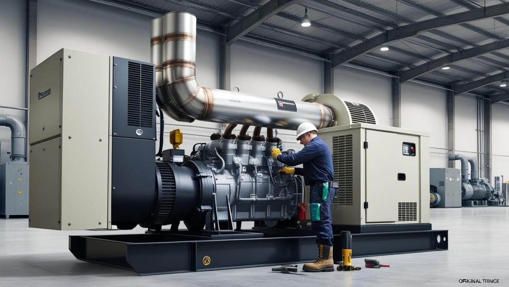 A professional generator technician performing maintenance on a large industrial generator in a modern workshop, representing trusted "generator service companies near me."