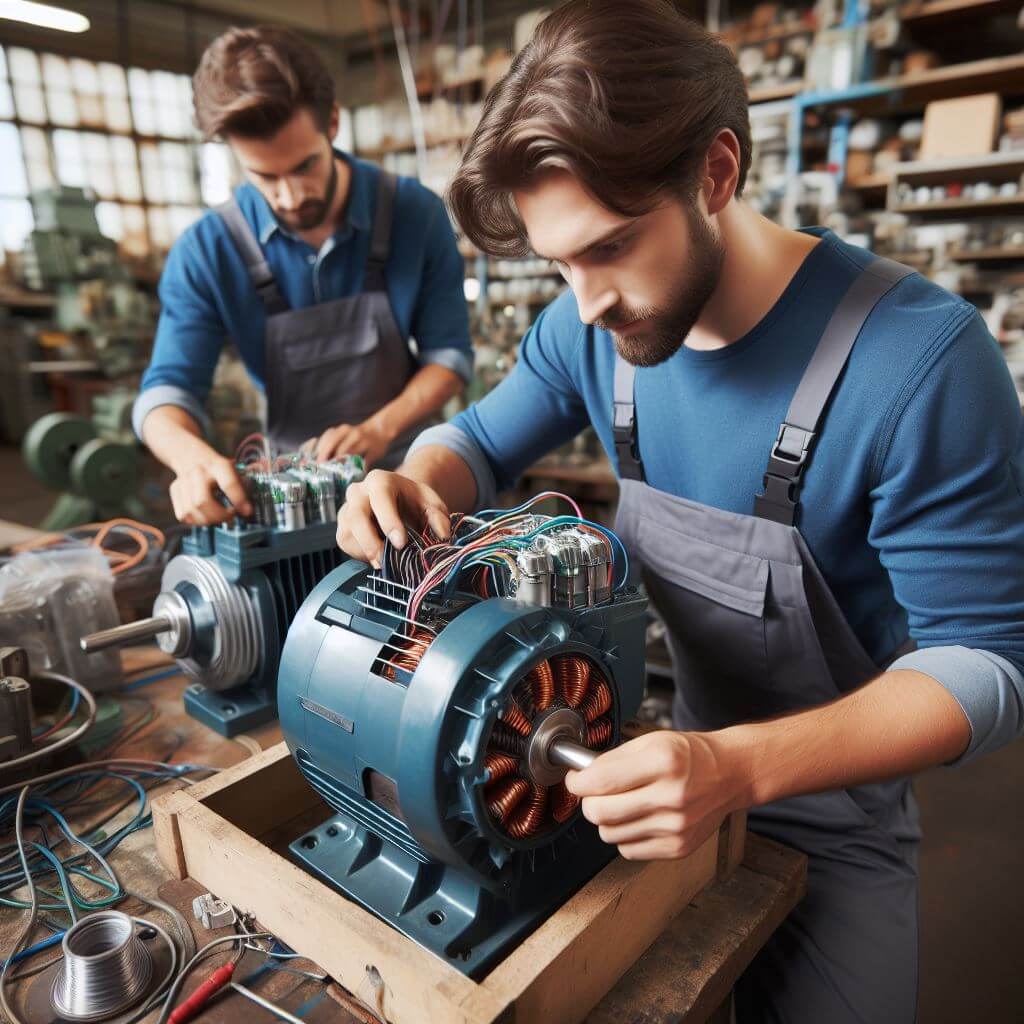 Skilled technicians diligently working in the workshop to rewind a 3-phase motor, ensuring optimal performance and reliability.