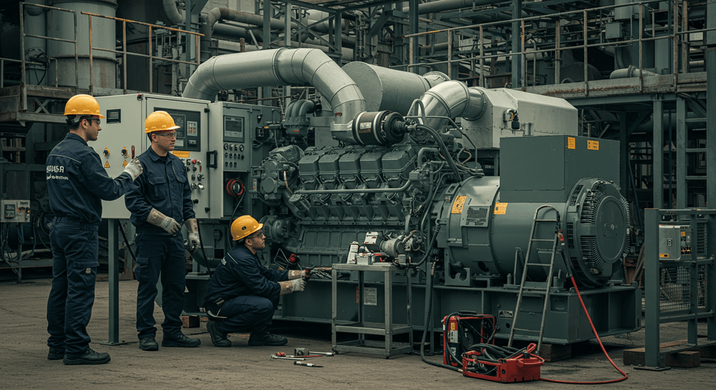 Technician performing DG service on a diesel generator for preventive maintenance